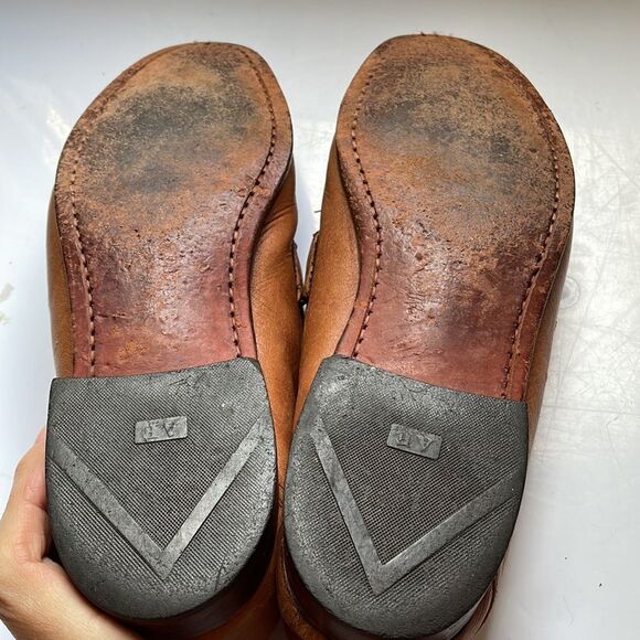 Allen Edmonds Woodville tan slip on loafers with fringe & buckle - Picture 7 of 9